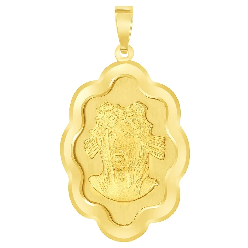 women ruby necklaces -14k Yellow Gold Holy Face of Jesus Christ On Elegant Miraculous Medal Pendant (1")