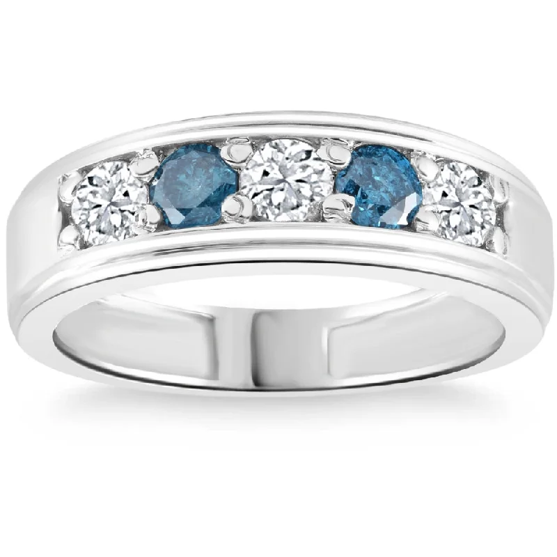 women sapphire engagement rings -1 Ct T.W. Blue & White Diamond Mens Wedding Ring 5-Stone Anniversary White Gold