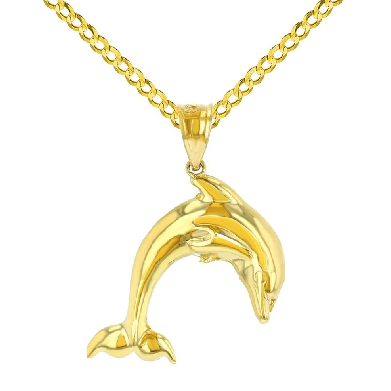 women luxury silver necklaces -14K Yellow Gold Jumping Dolphin Charm Animal Pendant Cuban Chain Necklace with High Polish