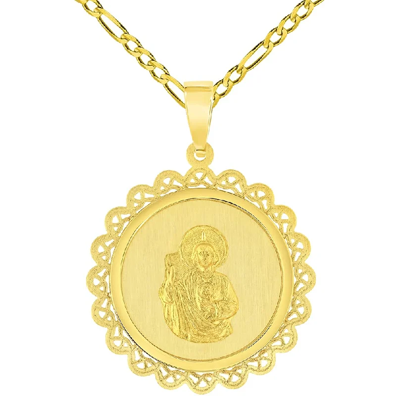 women star-shaped necklaces -14k Yellow Gold Round Ornate Miraculous Medal of Saint Jude Thaddeus the Apostle Pendant with Figaro Chain Necklace