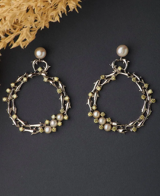 women modern earrings -Impressive Rhodium Pearl Studded Hanging Earring