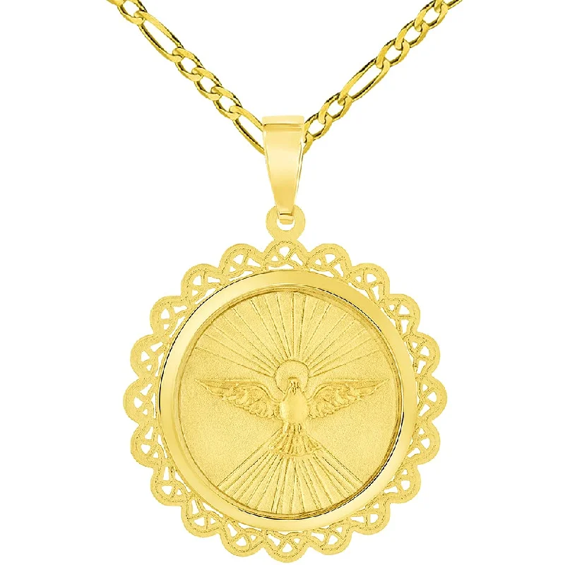 women gemstone drop pendant necklaces -14k Yellow Gold Holy Spirit Dove Religious Round Ornate Medal Pendant with Figaro Chain Necklace