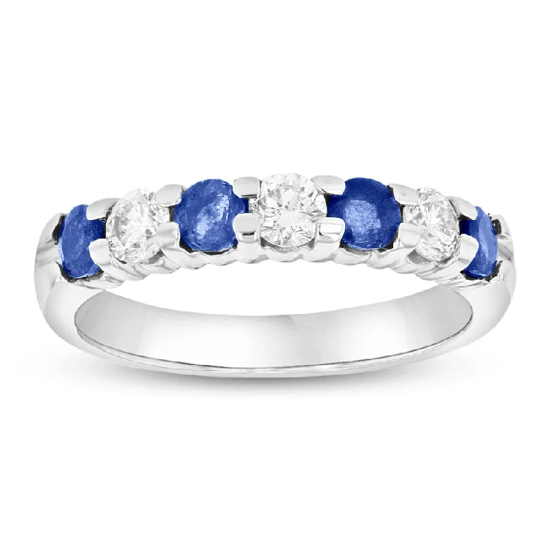 women sapphire engagement rings -14K Gold Ring 1.00ct tw Round Diamonds and Sapphires Prong Set Band