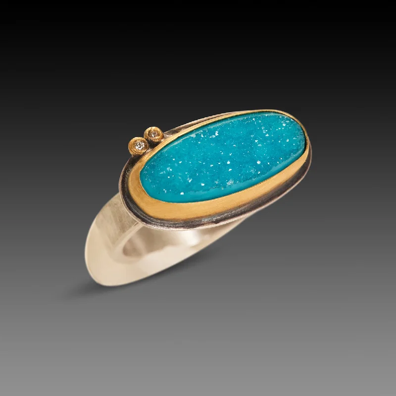 women oval diamond rings -Chrysocolla Druzy Ring with Diamonds