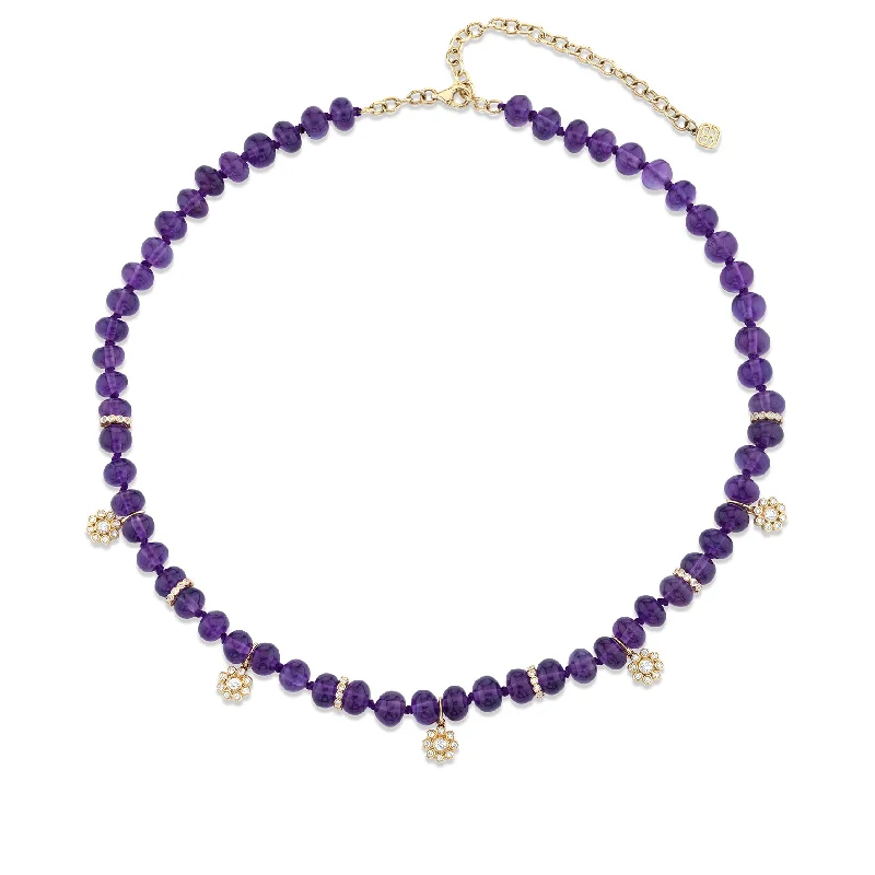 women infinity necklaces -Gold & Diamond Multi Flowers & Rondelles Amethyst Necklace