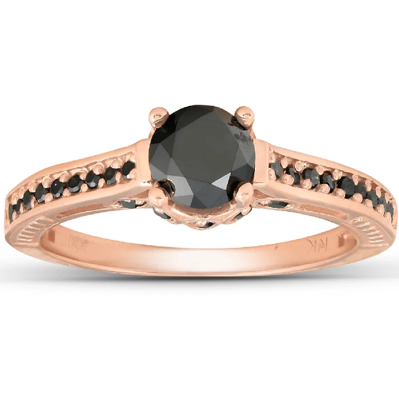 women men’s solitaire engagement rings -1 1/4ct Vintage Round Cut Black Diamond Engagement Ring 14K Rose Gold