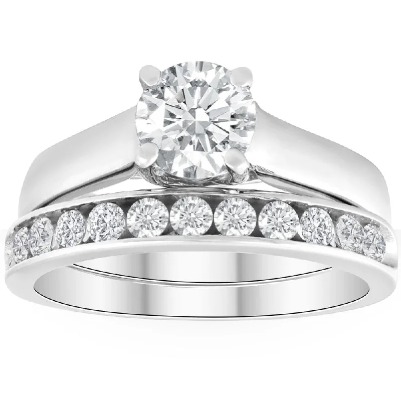 women luxury engagement ring sets -1 1/2ct Solitaire Round Enhanced Diamond Engagement Ring Set 14K White Gold