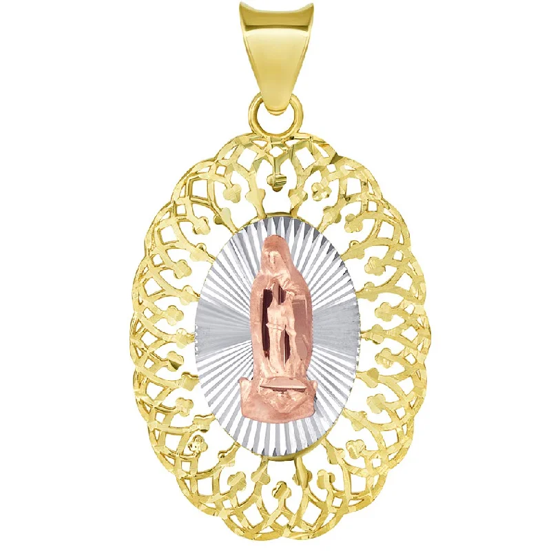 women elegant necklaces -Solid 14k Tri-Color Gold Oval Our Lady of Guadalupe Medallion Pendant