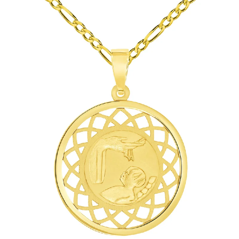 women boho necklaces -14k Yellow Gold Religious Baptism Christening Medal Pendant with Figaro Chain Necklace