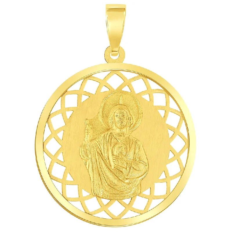 women rose gold necklaces -14k Yellow Gold Round Open Ornate Miraculous Medal of Saint Jude Thaddeus the Apostle Pendant (1")