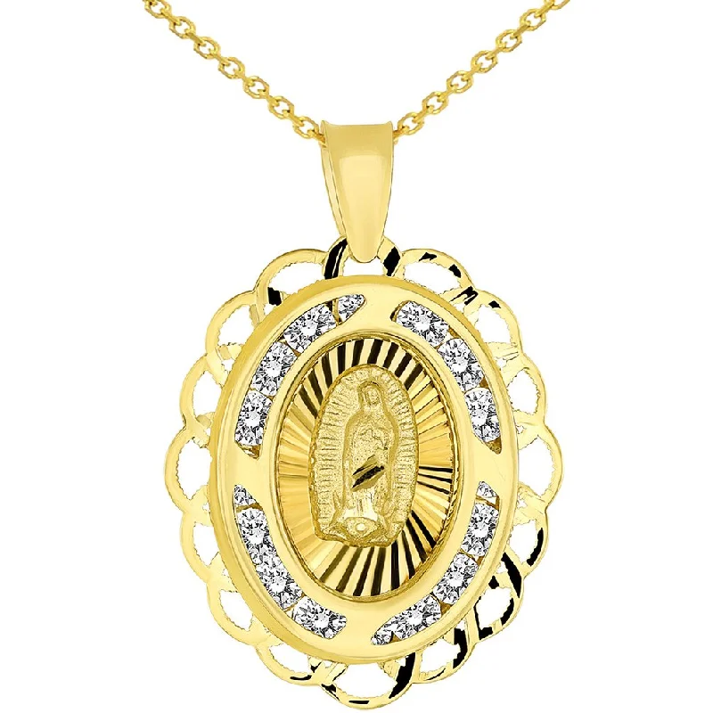 women modern necklaces -14k Yellow Gold Fancy Our Lady of Guadalupe Mary CZ Studded Oval Medallion Charm Pendant Necklace