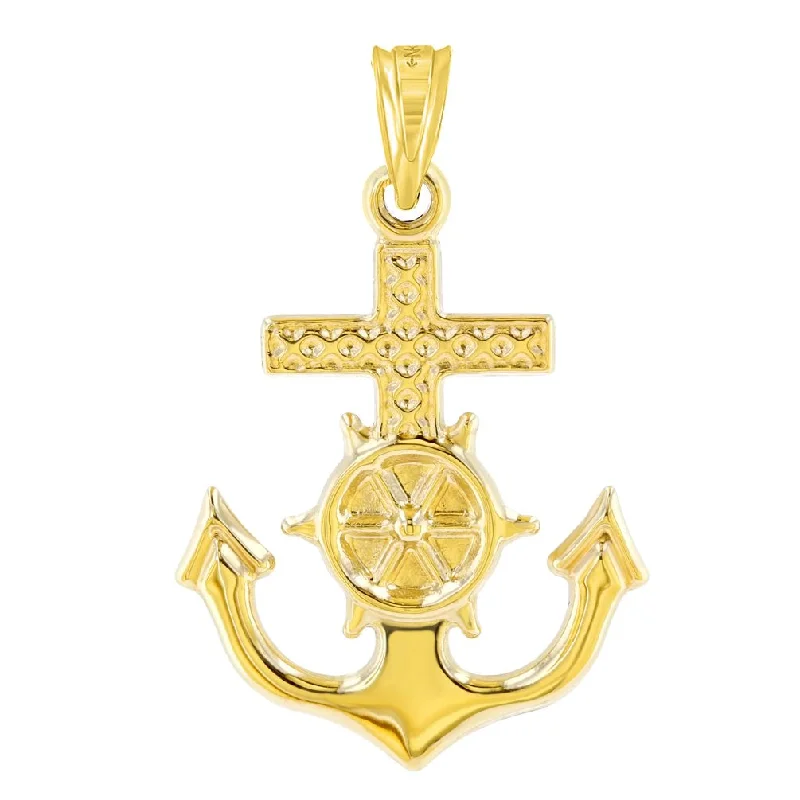 women trendy gold necklaces -Polished 14K Yellow Gold Anchor with Mariner's Cross Nautical Pendant