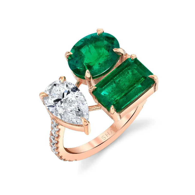 women fashion rings -EMERALD & DIAMOND PEAR TRIPLE THREAT RING