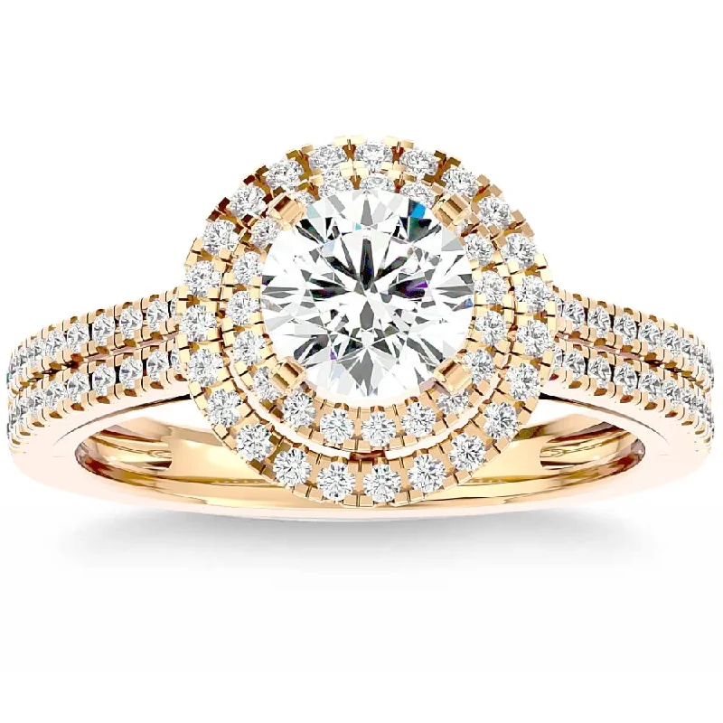 women modern engagement rings -1 1/2Ct Moissanite & Diamond Double Halo Engagement Ring White Yellow Rose Gold