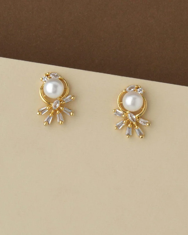 women elegant pearl earrings -Pretty Pearl & Stone Stud Earring