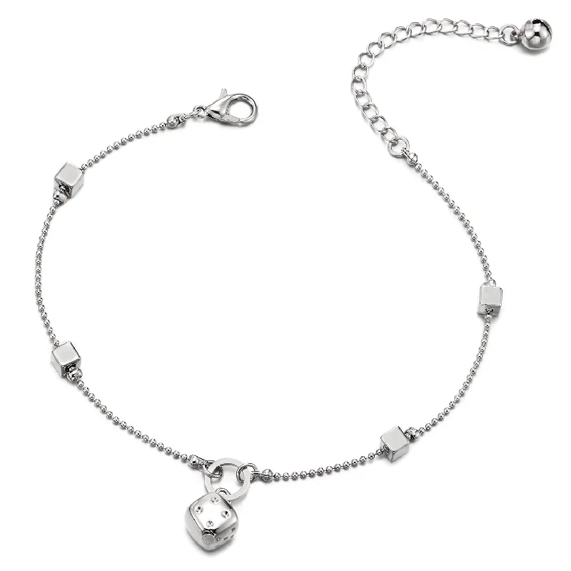 women custom gemstone bracelets -Link Chain Anklet Bracelet with Charm of Dice and Jingle Bell, Adjustable