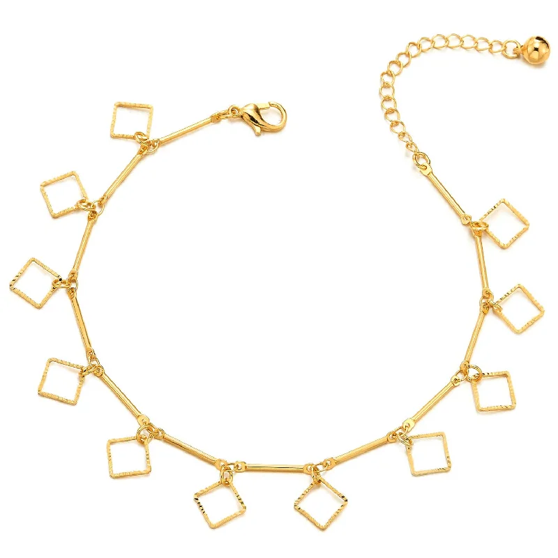 women stack bracelets -Gold Color Anklet Bracelet with Dangling Charms of Grooved Open Square, Jingle Bell, Adjustable