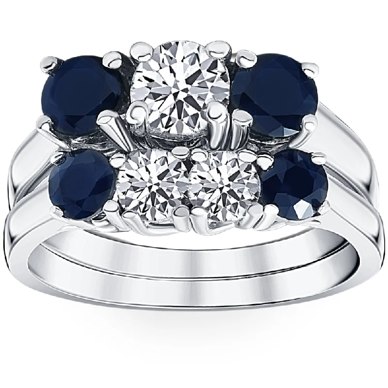 women halo engagement rings -2 3/4ct Treated Blue Sapphire & Diamond Three Stone Ring Set 14K White Gold