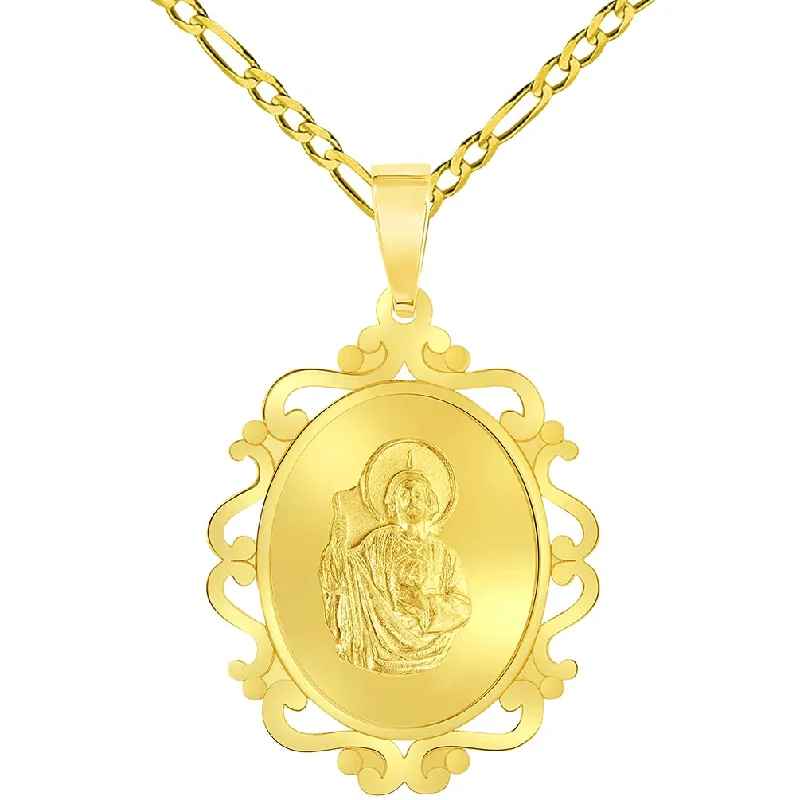 women trendy gold necklaces -14k Yellow Gold Elegant Ornate Miraculous Medal of Saint Jude Thaddeus the Apostle Pendant with Figaro Chain Necklace