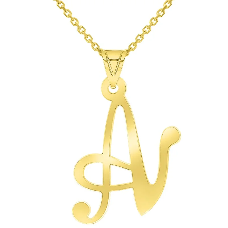 women custom charm necklaces -14k Yellow Gold Dainty Uppercase Script Initial A Cursive Letter Pendant Necklace