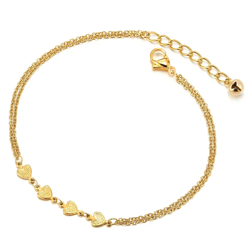 women rose gold bracelets -Two-Row Stainless Steel Gold Color Anklet Bracelet with Charms of Hearts and Jingle Bell