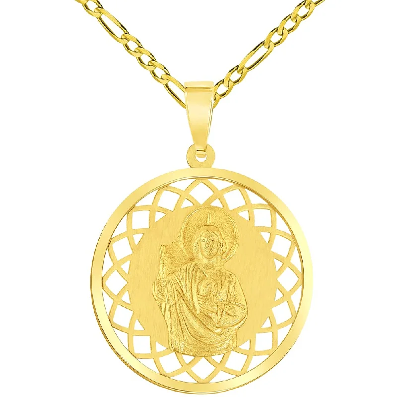 women diamond pendant necklaces -14k Yellow Gold Round Open Ornate Miraculous Medal of Saint Jude Thaddeus the Apostle Pendant Figaro Chain Necklace