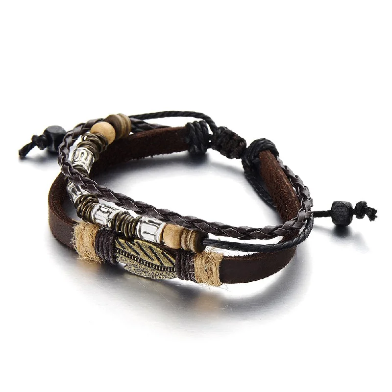 women thin bangles -Tribal Tibetan Multi-Strand Brown Leather Bracelet for Men Women Leather Wristband Wrap Bracelet