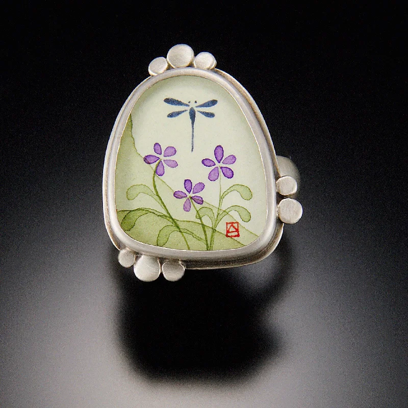 women statement rings -Dragonfly with Violets Ring