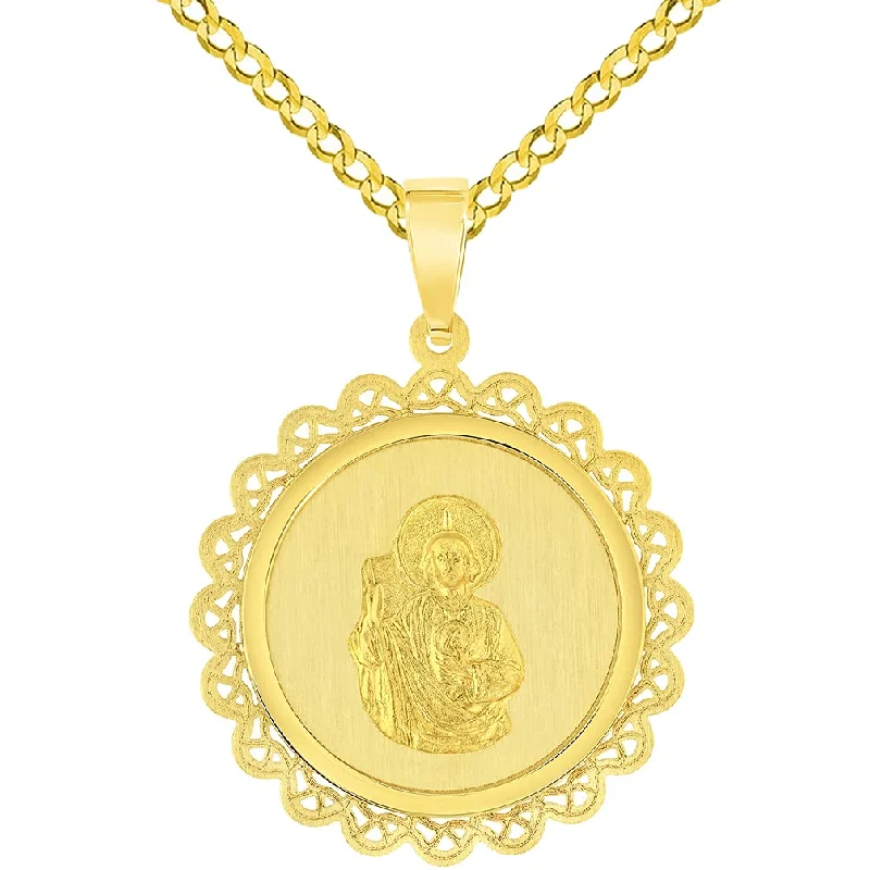 women heart necklaces -14k Yellow Gold Round Ornate Miraculous Medal of Saint Jude Thaddeus the Apostle Pendant with Cuban Chain Curb Necklace