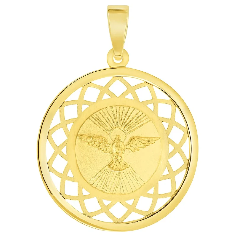 women eco-friendly necklaces -14k Yellow Gold Holy Spirit Dove Religious Round Open Ornate Medal Pendant (1")