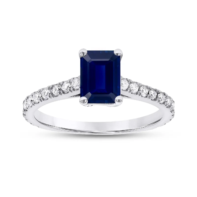 women simple engagement rings -0.36ctw Diamond and Emerald Cut Sapphire Engagement Ring in 14k White Gold