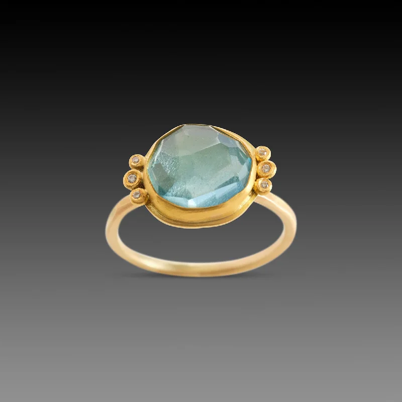 women custom engraved rings -Organic Aquamarine Ring with Diamond Trios