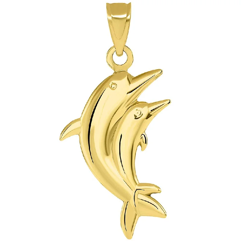 women silver necklaces -14k Yellow Gold 3D Two Dolphins Jumping Together Vertical Pendant