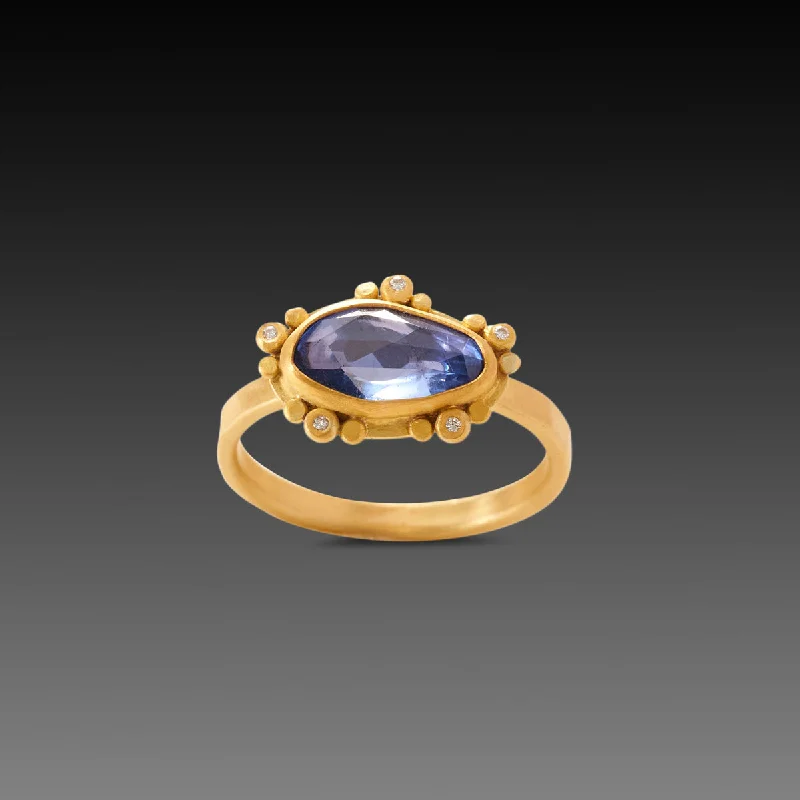 women sapphire and diamond rings -Blue Sapphire Ring with Diamond Dot Trios