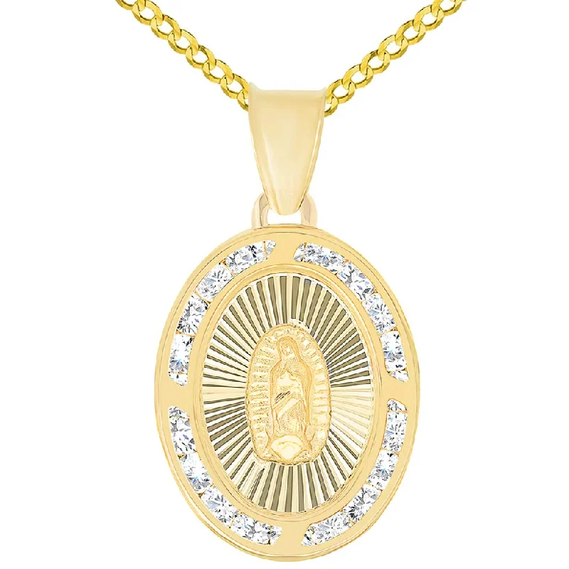 women flower necklaces -14k Yellow Gold Cubic Zirconia Latin Catholic Our Lady Of Guadalupe Oval Medal Pendant with Cable, Curb, or Figaro Chain Necklace