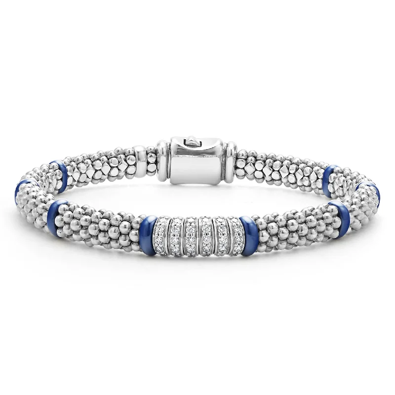 women silver bangles -Blue Caviar Ultramarine Six Station Diamond Caviar Bracelet | 6mm