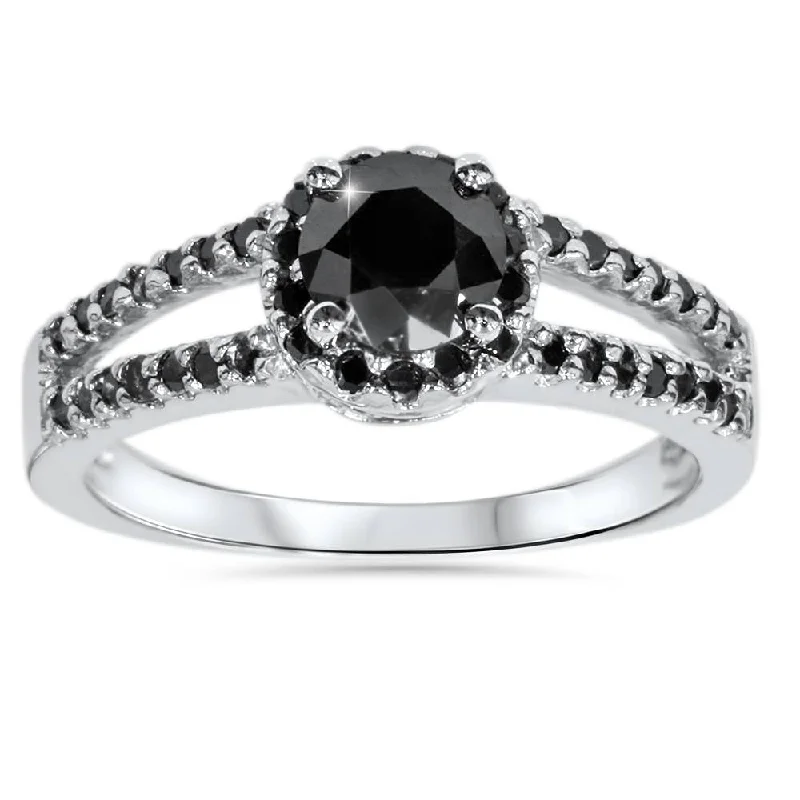 women vintage-inspired engagement rings -1 5/8ct Black Diamond Pave Halo Engagement Ring 14K White Gold