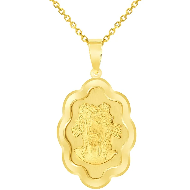 women emerald necklaces -14k Yellow Gold Holy Face of Jesus Christ On Elegant Miraculous Medal Pendant Necklace