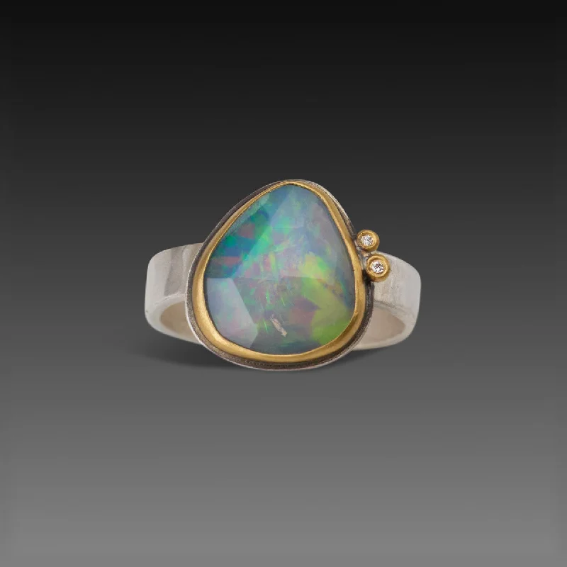 women black diamond rings -Rose Cut Ethiopian Opal Ring With Two Diamonds