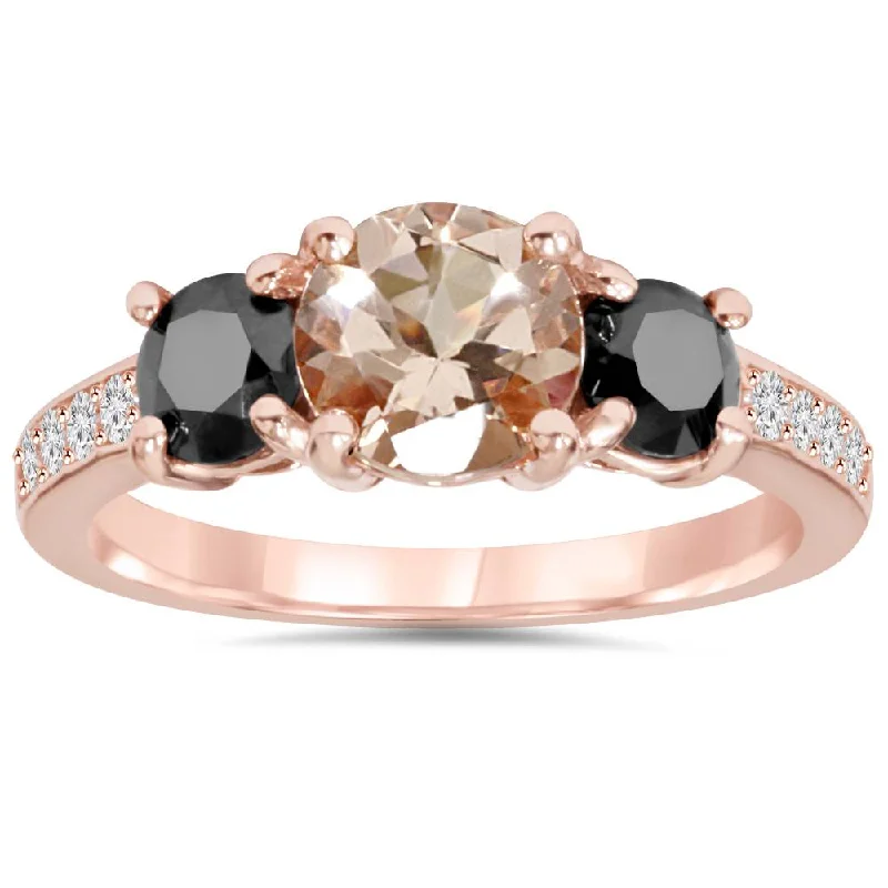 women emerald and diamond engagement rings -2.10Ct Morganite & Black Diamond Engagement 3-Stone Ring 14K Rose Gold