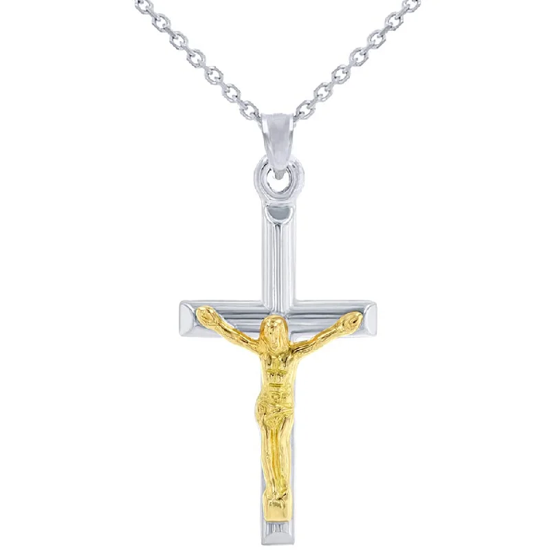 women gold plated necklaces -14k White Gold Small Latin INRI Cross Two Tone Crucifix Pendant Necklace