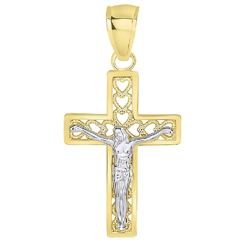 women statement gold necklaces -14k Yellow Gold Open Heart Christian Cross Two Tone Crucifix Pendant