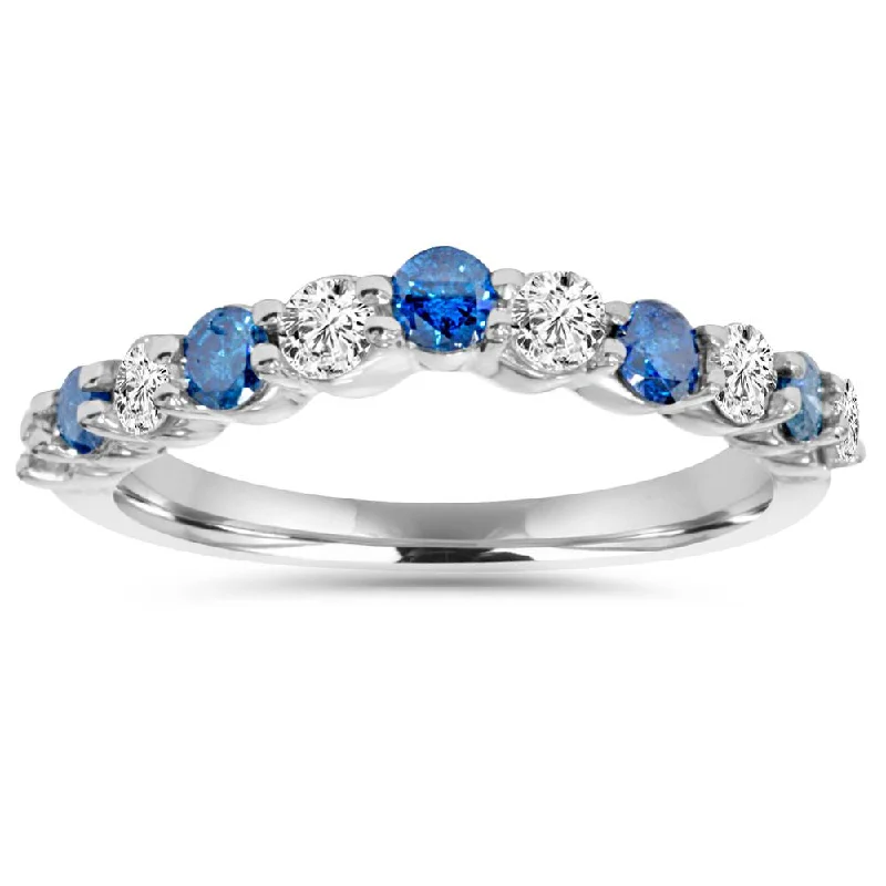 women custom wedding rings -.85CT Blue & White Diamond Curved Wedding Ring 14K White Gold