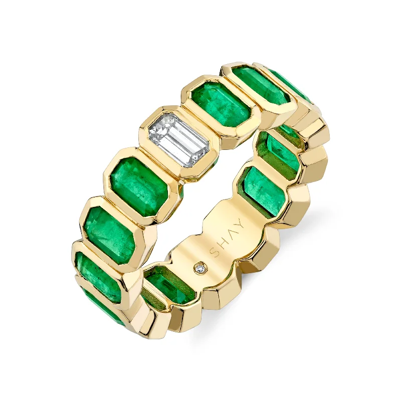 women cubic zirconia rings -READY TO SHIP EMERALD & DIAMOND BEZEL ETERNITY BAND