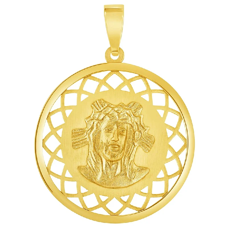 women long necklaces -14k Yellow Gold Holy Face of Jesus Christ On Round Open Ornate Miraculous Medal Pendant (1")