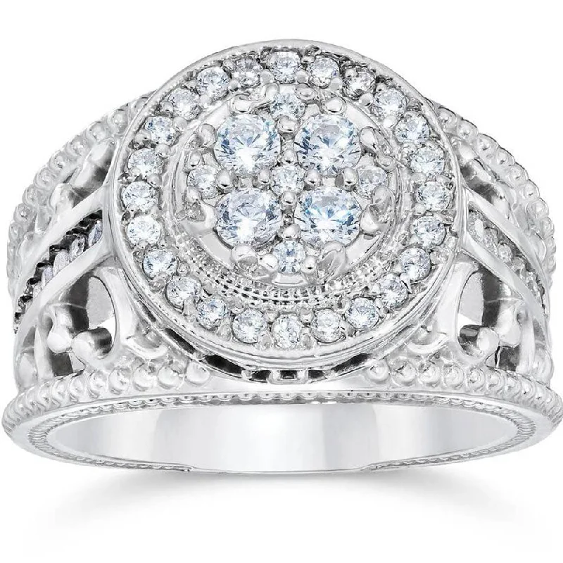 women men’s engagement rings -1 Carat Vintage Halo Diamond Pave Engagement Ring 10K White Gold