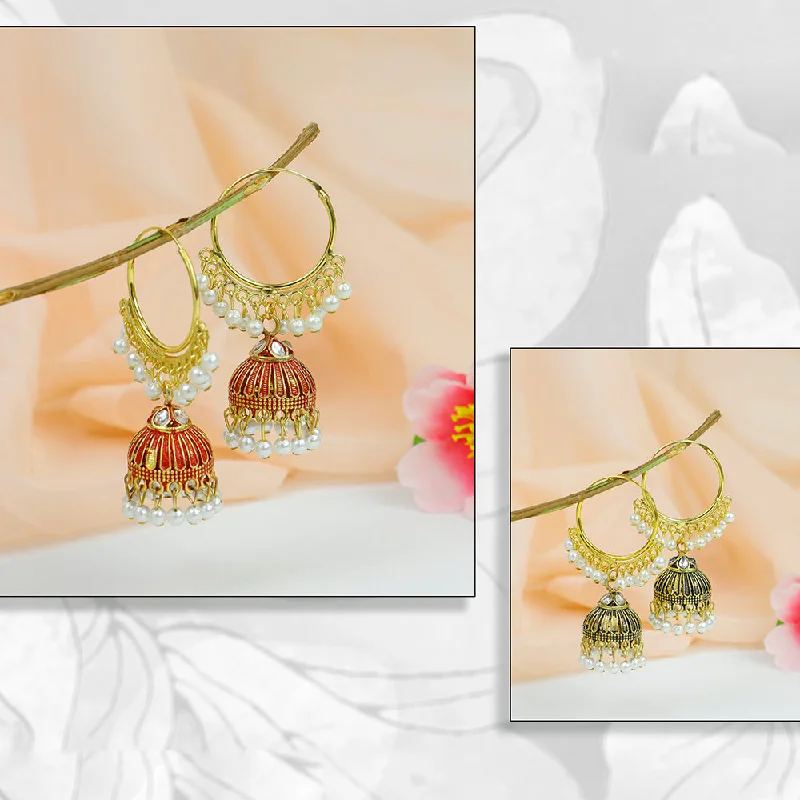 women drop stud earrings -Mahavir Kundan Stone And Meenakari Jhumki Earrings