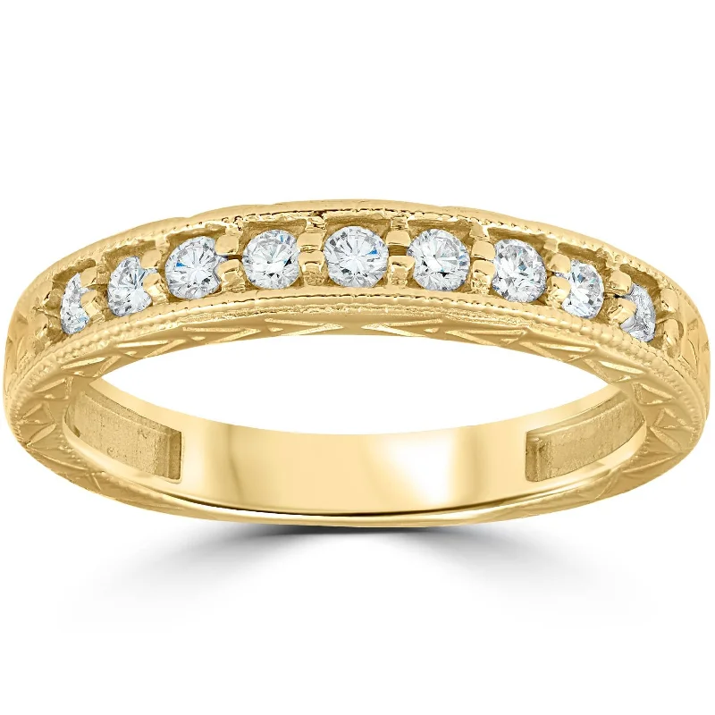 women gold engagement rings -1/4ct Hand Engraved 14k Yellow Gold Diamond Wedding Ring