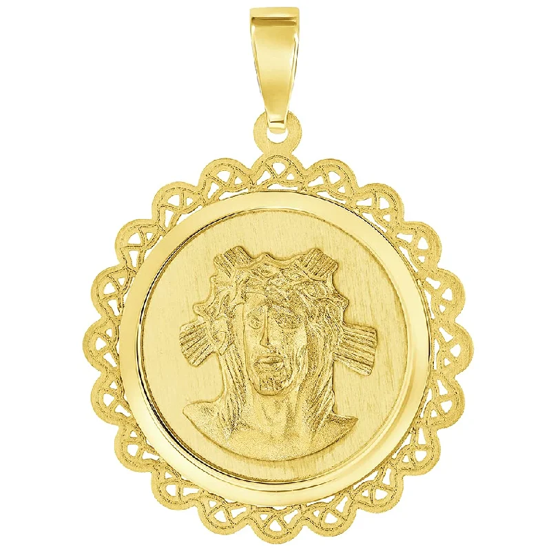 women vintage-style necklaces -14k Yellow Gold Holy Face of Jesus Christ On Round Ornate Miraculous Medal Pendant (1")