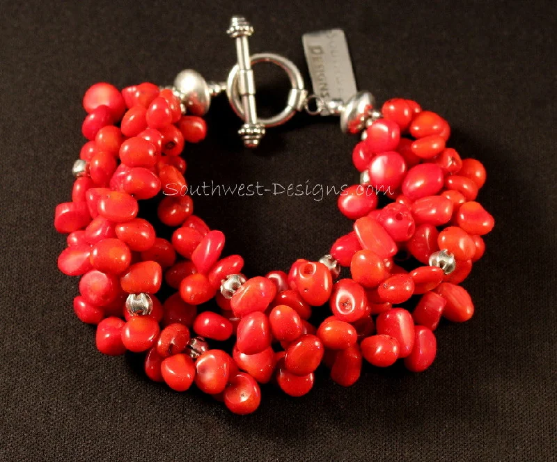 women luxury bracelets -5-Strand Bamboo Coral Petal Bracelet with Sterling Silver Beads and Findings